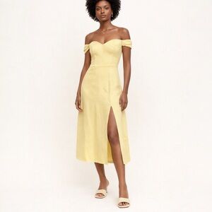 Reformation Bridgton 100% Linen Off-Shoulder Yellow Midi Dress Sz 0